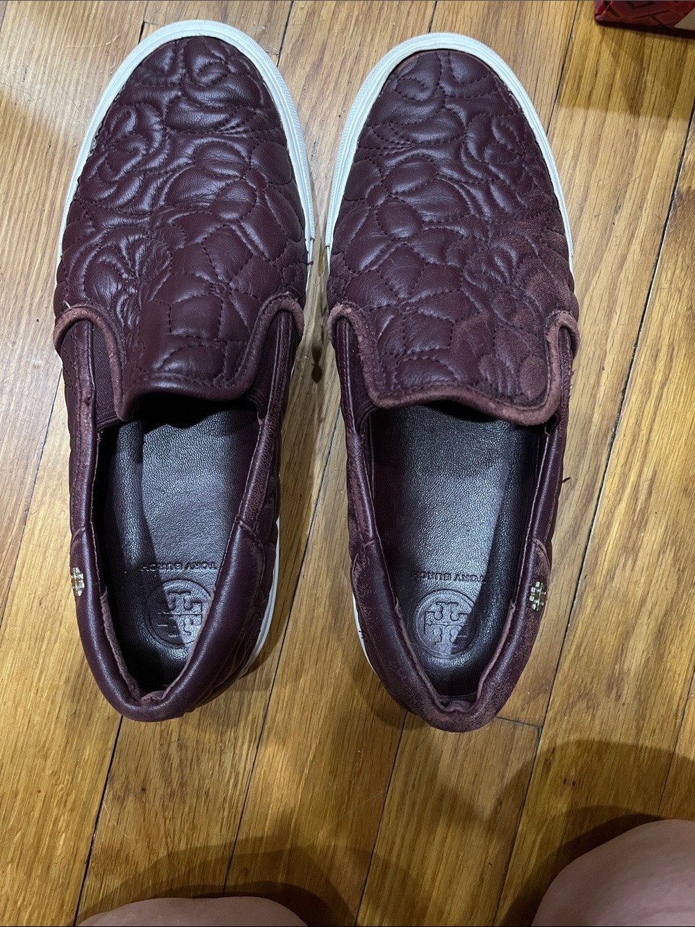 Tory Burch Quilted Slip-On Sneakers in Burgundy and White